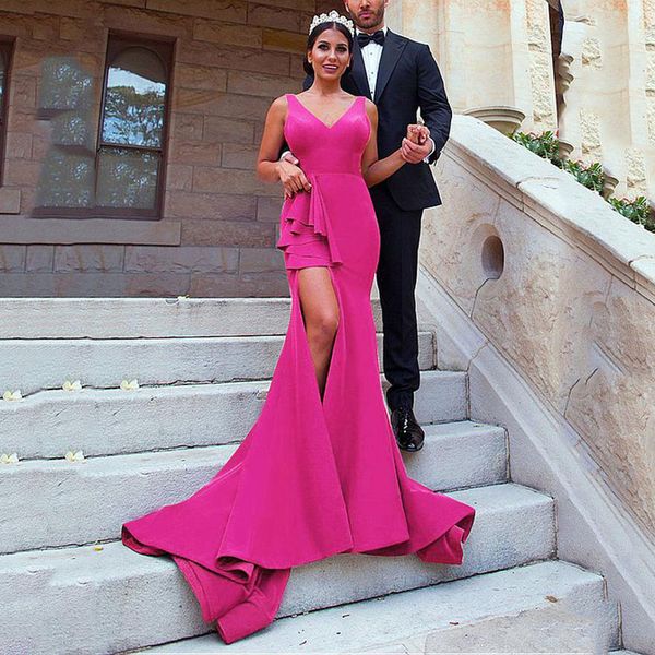 

glamorous v-neck neckline full length mermaid bridesmaid dresses with backless slit sheath prom party dresses custom made, White;pink