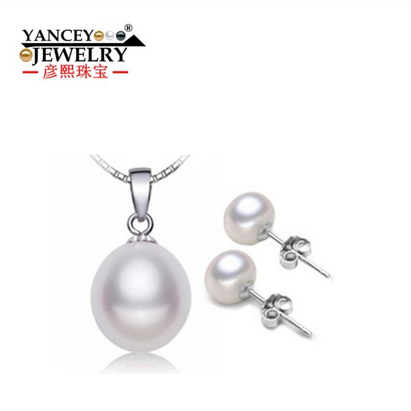

yancey pearl jewelry sets, 9.5mm freshwater pearl pendant necklace with studs earrings whole set fine jewelry, ing, Black