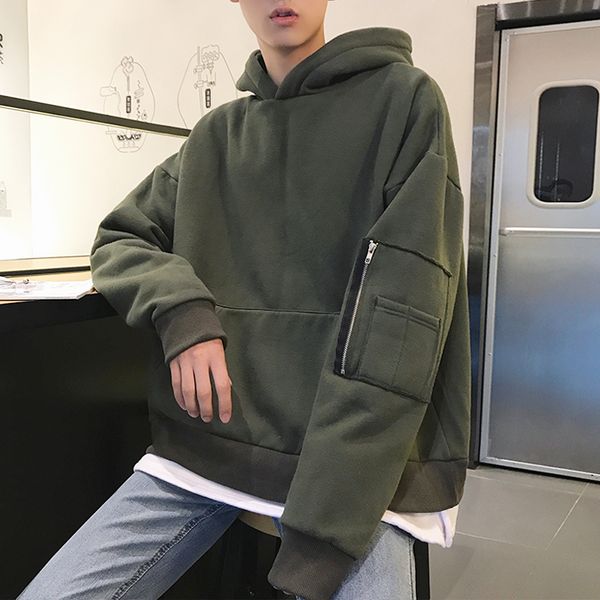 

2017 winter men's thicken fleece loose solid color coat in warm cotton oversized casual sweatshirt hooded zipper hoodies m-2xl, Black