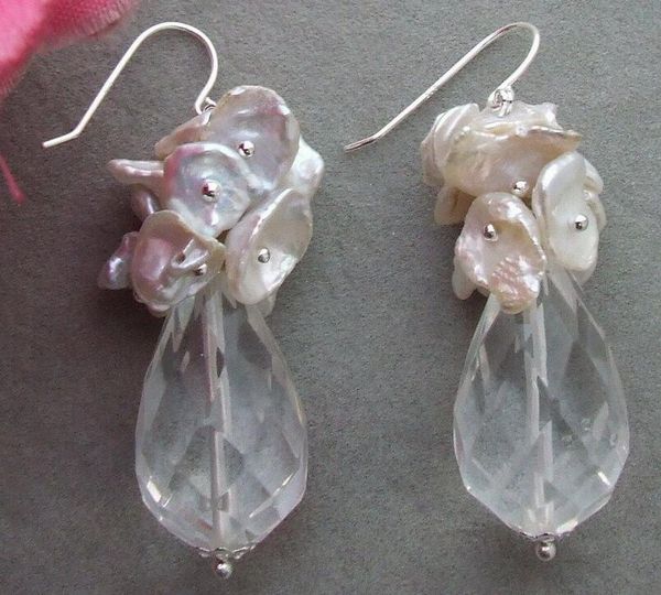 

keshi pearl crystal earrings-925 silver hook, Golden;silver