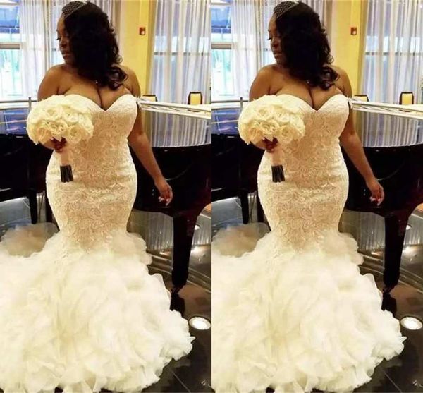 

Sexy Mermaid Wedding Dresses Lace Appliques Sweetheart Sleeveless With Ruffles Bridal Dresses Custom Made Fashion Wedding Gowns