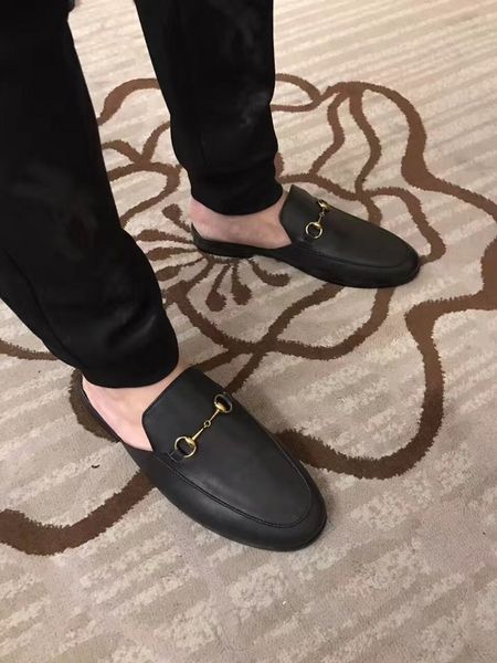 

original box] new arrival men half the slippers scuffs real cow leather shoes made in italy size 38-44, Black