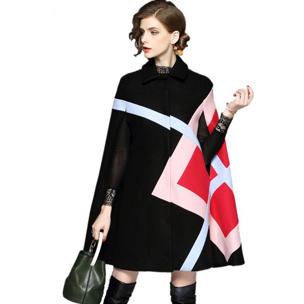 

new 2018 fashion women winter jacket geometric pattern batwing sleeve woolen warm cloak ponchos cape coat wool blends outerwear, Black