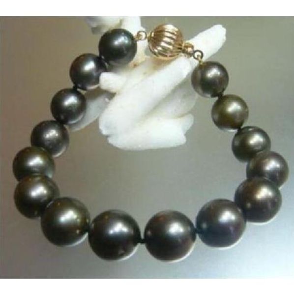 

11-12mm tahitian natural round black pearl bracelet 7.5-8inch yellow clasp