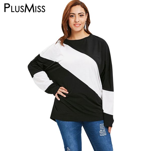 

plusmiss плюс размер 4xl-xl белый черный лоскутное свободные повседневная футболки женщины осень 2018 с длинным рукавом тройники женский бол, White
