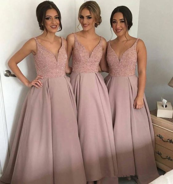 

blush pink satin bridesmaid dresses 2019 selling luxury beads crystals pleats deep v-neck spaghetti strap a-line maid of honor dress b89, Blue;red