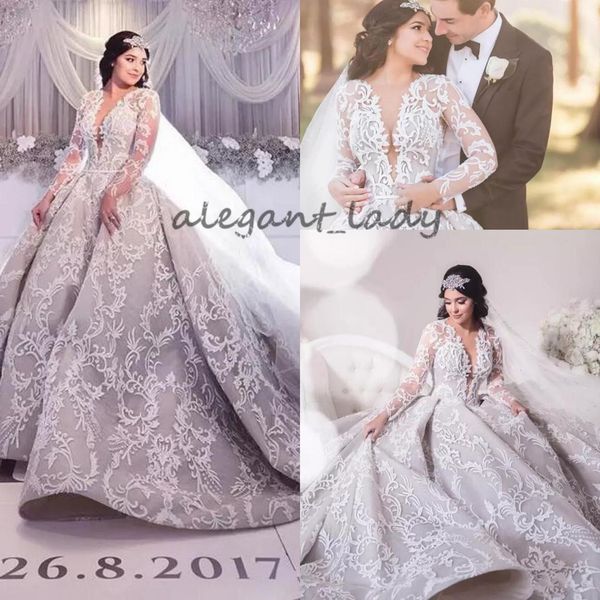 

2018 luxury lace long sleeve wedding dresses dubai arabic sheer v neck embroidery puffy cathedral train bridal gowns plus size custom, White