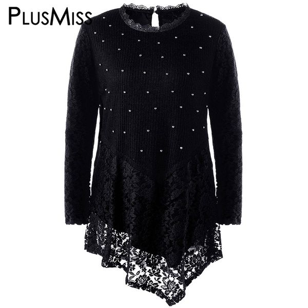 Plus Miss Plus Size 5XL Faux Pérola Assimétrica Lace Crochet Top Mulheres Roupas Outono de Manga Longa Blusa Camisa Big Size Blusas