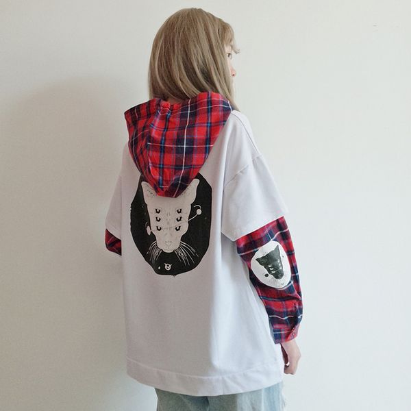 

japanese cute street fashion women sweatshirt harajuku kawaii cat print plaid hoodies black tracksuit pullover female sweatshirt