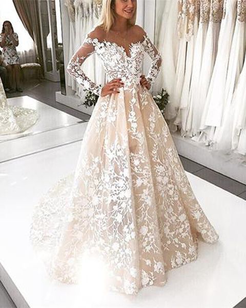 

luxurious off shoulder long sleeve lace ball gown wedding dresses backless appliques wedding dress vestido de noiva, White