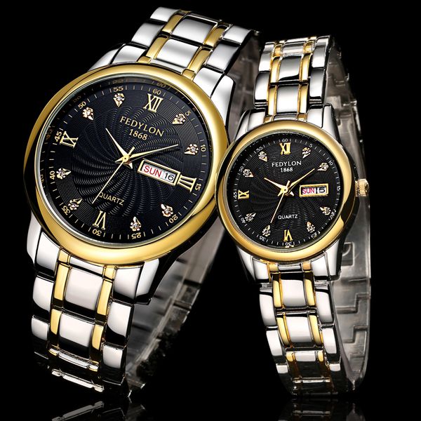

lovers' couple watches men date day waterproof watch women gold stainless steel quartz wristwatch montre homme, Slivery;brown