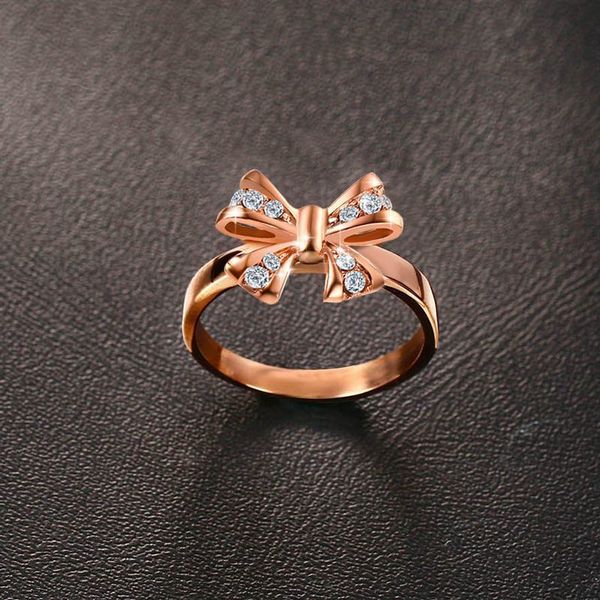 

fashion trend ladies wedding rings titanium steel rhinestone bowknot ring rose gold color women party jewelry bague femme, Golden;silver