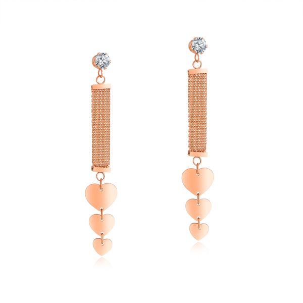 

ladies long earrings love peach heart ear chain personality mesh with rhinestone titanium steel rose gold color ear jewelry, Silver