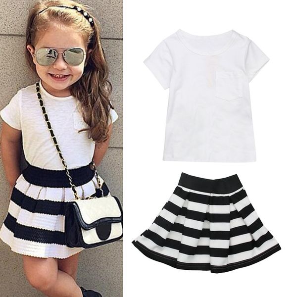 

ins summer fashion boutique girls outfits short sleeve white cotton t-shirt+stripe skirts girls dress suits kids sets kids clothing