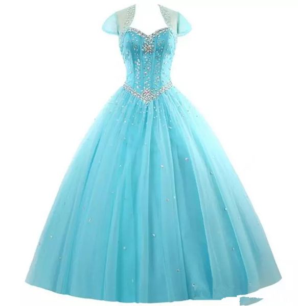 2018 neue erstaunliche Strasskristalle erröten pfirsichfarbene Quinceanera-Kleider 2016 Sexy Sheer Crew Sweet 16 Rüschen Prinzessin Prom Ball Geburtstag Q41