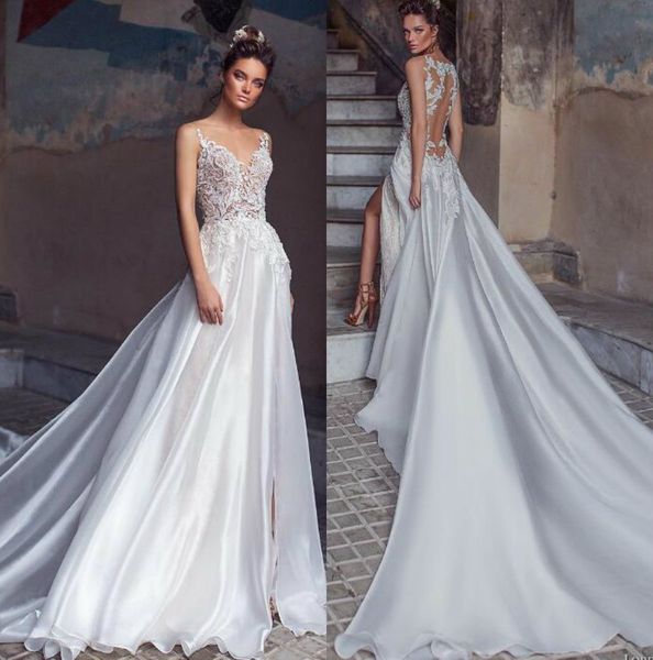 

lorenzo rossi 2019 princess wedding dresses sheer v neck lace bridal gown high slit robe de mariÃ©e beach wedding dress custom made, White