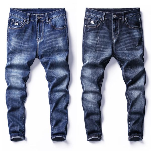 

street style men's jeans slim fit scratched men's denim jeans straight blue black ankle-length pants