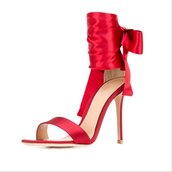 

2018 new european stage show fashion women satin sandals bowtie wedding shoes lady high heeled gold red black summer heels open toe