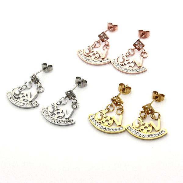 

new style jewerly famous brand stud earrings 18k gold plated stainless steel gem earrings for women couple jewelry gift, Golden;silver