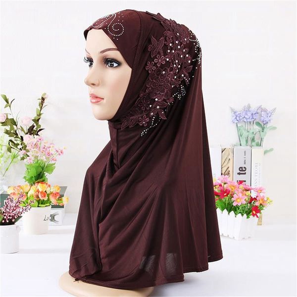

2018 fashion muslim rhinestone flower lace scarf shawl islamic hijab turban full cover cap women headscarf hair accessories