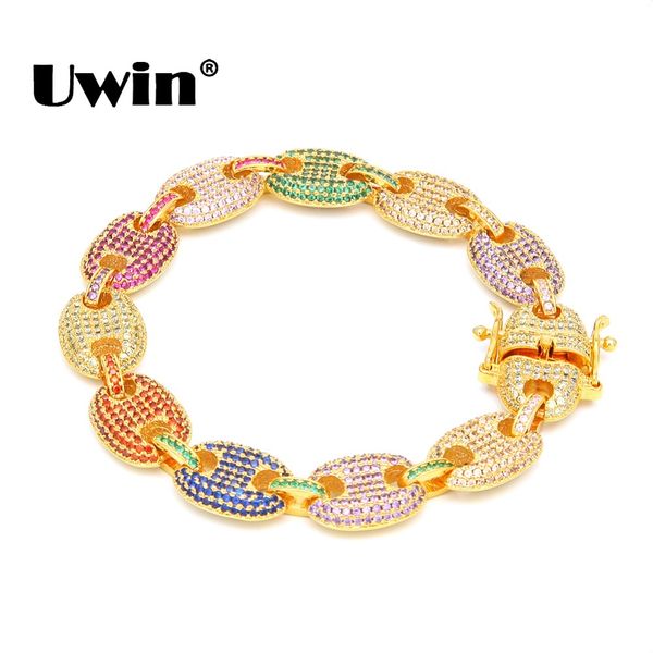 

uwin hiphop 13mm puffed marine chain fat links bracelet men micro pave rainbow colored cubic zirconia silver/gold color jewelry, Black