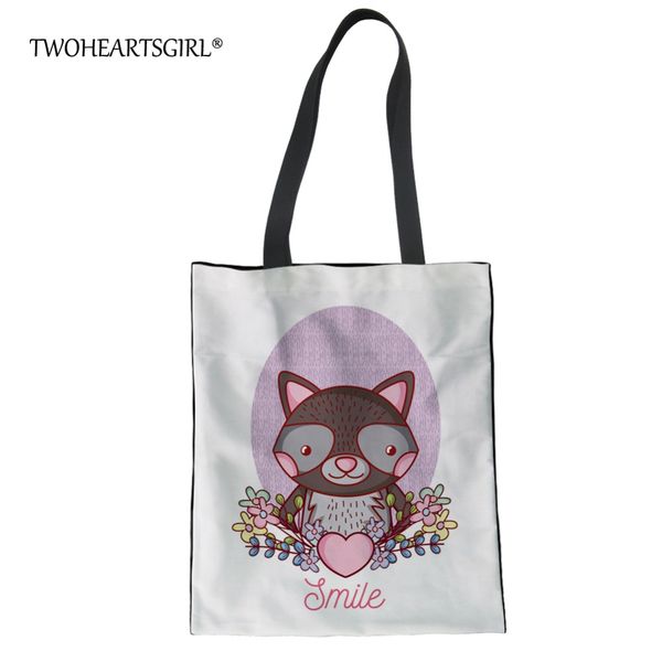 

twoheartsgirl fashion youth girls linen tote bags raccoon printing ladies summer beach bags women large capacity canvas handbags