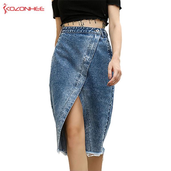 

fashion asymmetrical denim skirts with high waist women split knee-length pencil skirt for female #73, Black