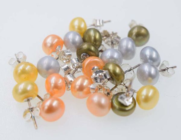

one pair pinkwhite/black/yellow/gray/green/orange coin stud freshwater pearl earrings round 7-8mm wholesale beads fppj nature, Golden;silver