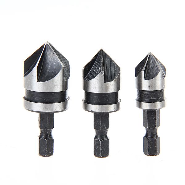 3pcs / Set 90 gradi 1/4 esagono 5 flauto smusso sbavatura controprotersink Drill bit frese mulino per strumento di lavorazione del legno 12-19mm