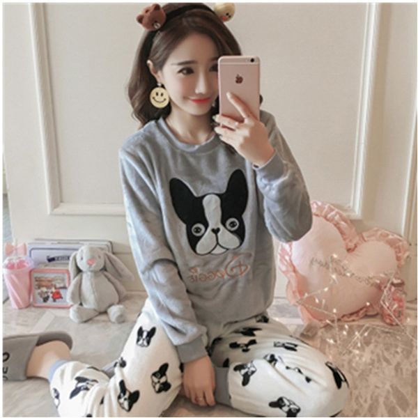 

women ladies flannel pajamas set cartoon animal warm coral fleece bears sleepwear set for women lady homewear set, Black;red