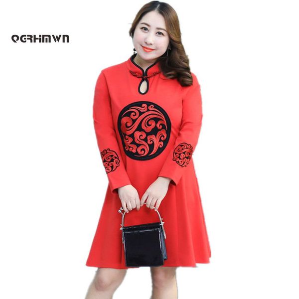 

2018 spring dress women's improved cheongsam new year dress stand collar hollow out qipao dresses large size xl-4xl, Red