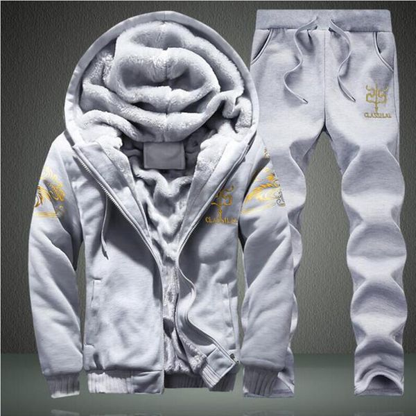 

new winter hooded tracksuits men set thicken fleece hoodies + pants suit spring sweatshirt sportswear set male sporting suits, Gray