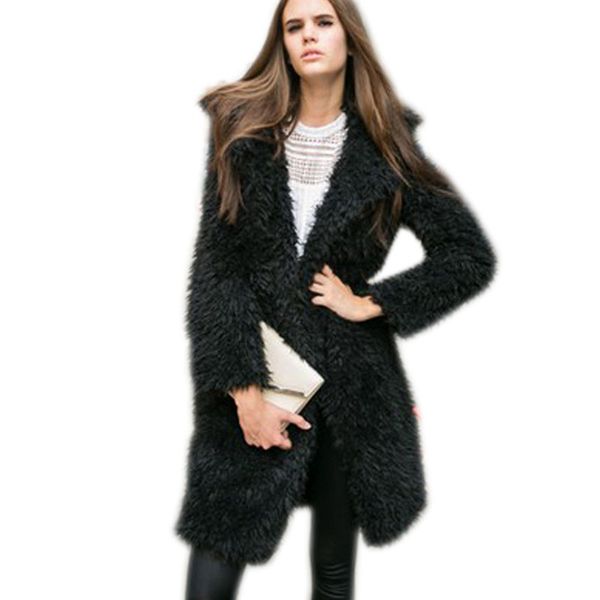 

trendy faux fur coat women long warm woolen coat female warm shaggy winter outwear cardigan plus size black gray long fur coats