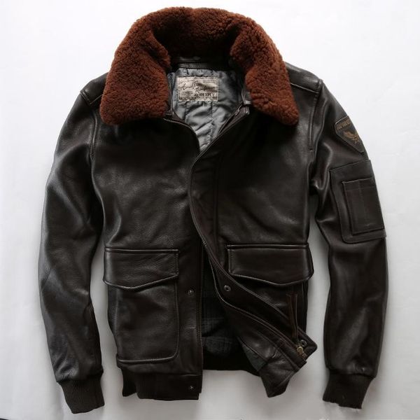 

lamb fur collar avirexfly men flight genuine leather jackets g1 air force flight bomber jackets, Black