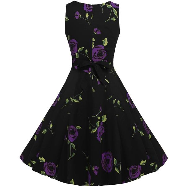 

women dress retro temperament hepburn style collar print smock skirt, Black;gray