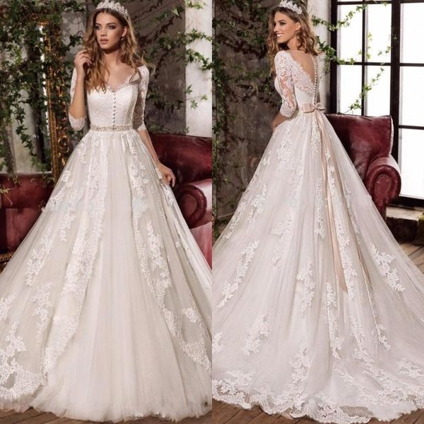 

2019 v-neck bow princess wedding dresses modest appliques vestido de noiva half sleeves plus size bridal gowns ba4333, White;pink
