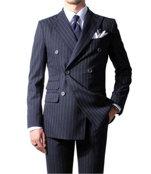 Yeni Moda Kruvaze Lacivert Şerit Damat Smokin Groomsmen Peak Yaka Best Man Blazer Erkek Düğün Takımları (Ceket + Pantolon + Kravat) H: 904