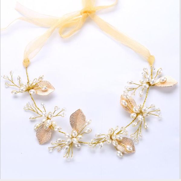 

new bride handmade pearl headwear, gold pearl leaf wedding dress, accessories, hair, bridal ornaments, Slivery;golden