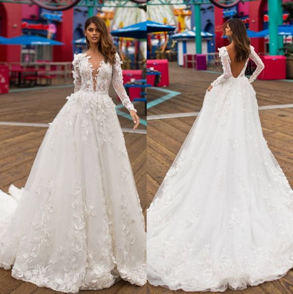 

stylish beaded lace backless wedding dresses sheer plunging neck a line long sleeves bridal gowns sweep train 3d appliqued vestido de novia, White