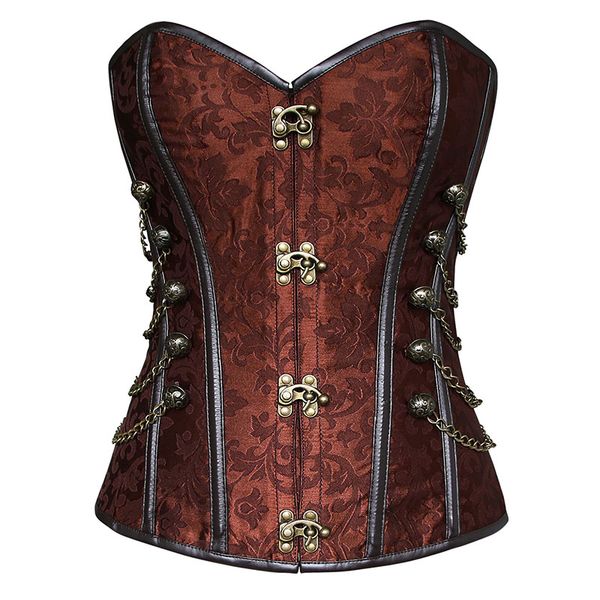 

women's brocade buckle steampunk gothic punk faux leather steel boned corset with chain plus size waist training corsets s-6xl, Black;white