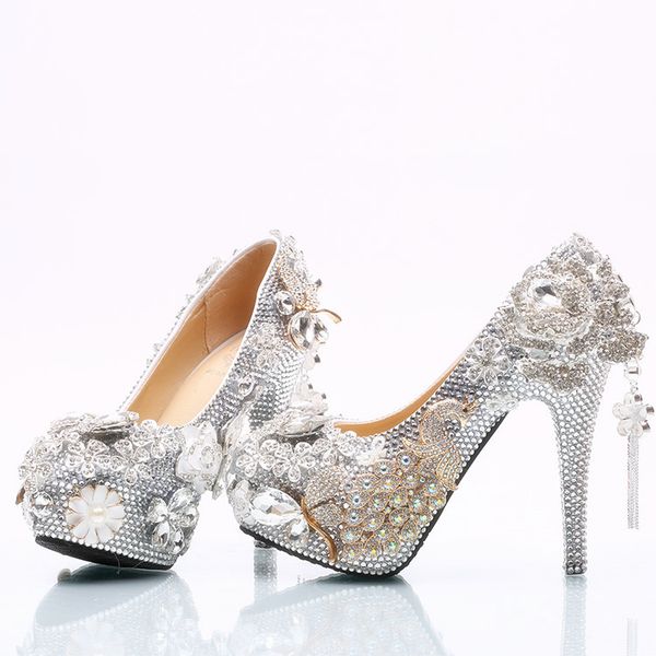 

2018 handmade luxury silver crystal flowers tassel high heel rhinestone bling bling wedding shoes bridal high heels party prom wedding shoes, Black