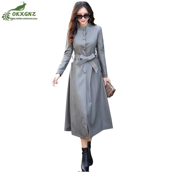 

boutique women large size s-5xl long leather jacket 2018 autumn long sleeve leather coat slim thick jacket female okxgnz, Black