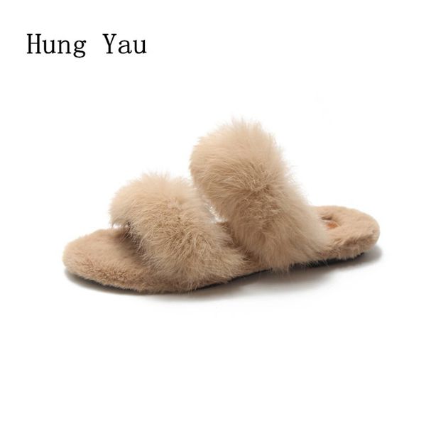 

women flips flops 2018 winter warm real fur shoes woman slippers fashion platform female slides flat comfortable, Black