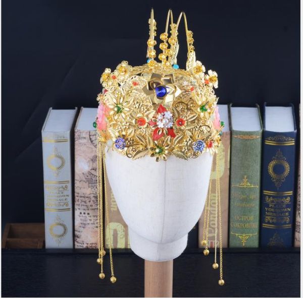 

chinese style xiu dress head ornament, bride's ancient costume, phoenix crown, fringed, golden gold court hair ornament, dragon and pho, Slivery;golden