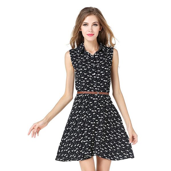 

summer women sleeveless print casual dress turn down collar vintage party street wear elegant mini dress women, Black;gray