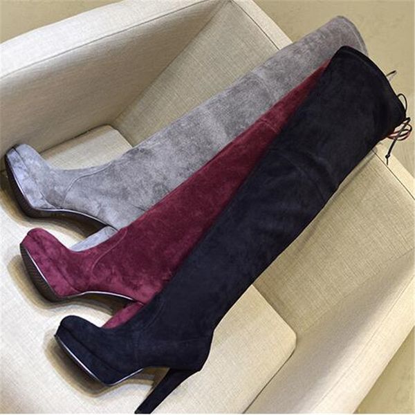 

stretch flock suede over the knee boots womens platform high heels elastic winter thigh high boots 2018 bota feminina, Black
