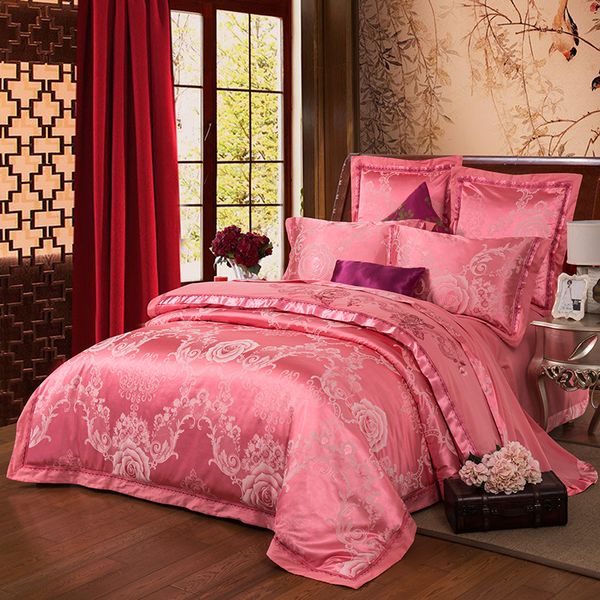 

2018 mauve flowers european bedlinens silk cotton blend duvet cover set jacquard  king bed cover sheet pillowcases