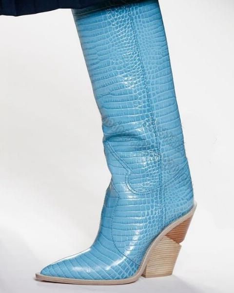 

women wooden grain heels knee high boots snakeskin leather pointed toe western boots runway slip on knight customized, Black
