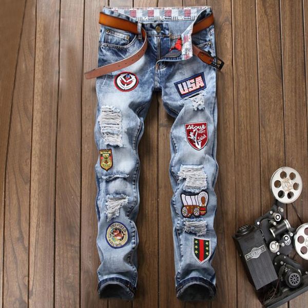 

brand jeans men new stylish badge cotton blue slim fit denim pants for man hip hop jeans designer motorcycle ripped homme