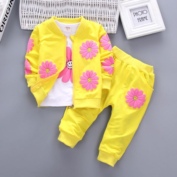 

spring autumn girls clothing set children fashion flowears tracksuits girls cotton 3pcs outfits coats+t-shirt+pants kids clothes, White